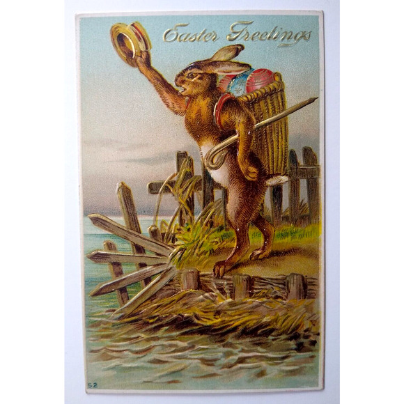 Easter Postcard Fantasy Dressed Bunny Rabbit Hat & Cane Egg Basket Series 52 - Picture 2 of 3